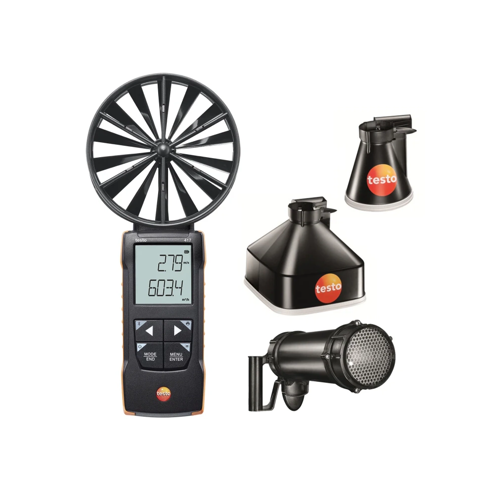 Testo 417 set 2 – Anemometru cu elice, pâlnii de măsurare și dispozitiv de uniformizare