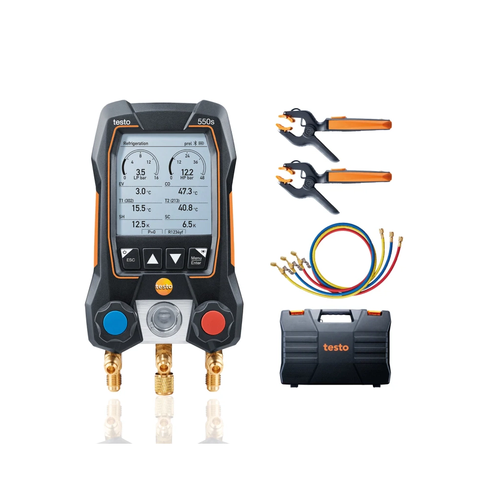 Testo 550s Set smart cu furtunuri - Manifold digital inteligent cu sonde de temperatură wireless și set de 3 furtunuri de umplere