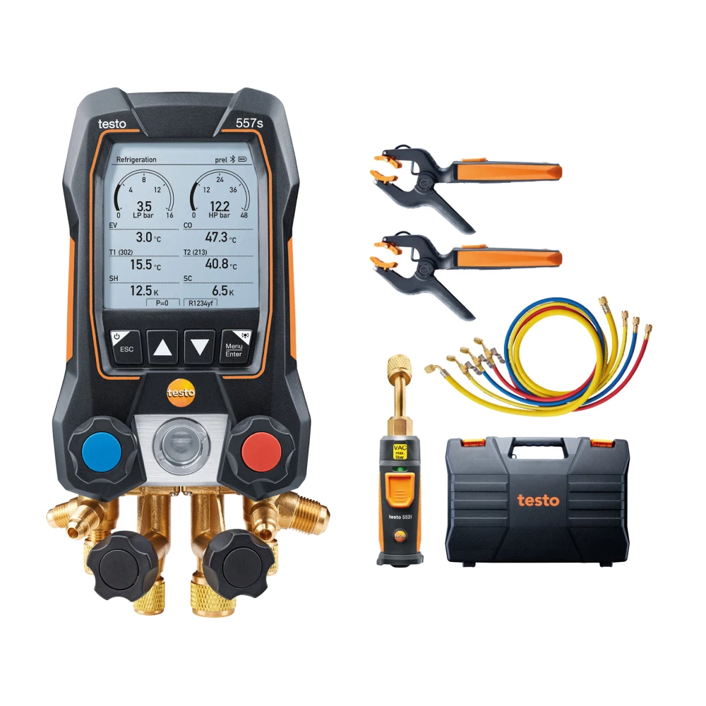 Testo 557s - Set Vacuum Smart cu furtunuri - Manifold digital inteligent cu sonde wireless de temperatură și vacuum plus set de 4 furtunuri