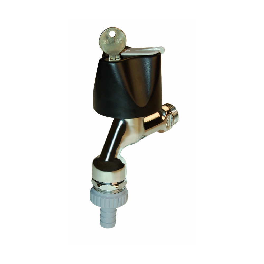 Seppelfricke – Robinet combinat cu ventil de aerisire și antiretur G1/2 x G3/4 (DN15), alamă cromată, închidere securizabilă ABS negru
