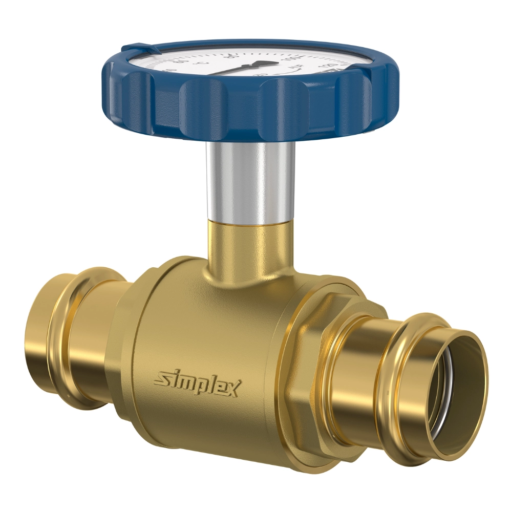 Flamco Simplex – Robinet sferic MKH PRESS TG-B cu conexiune press și mâner termometric albastru DN25 – DN32