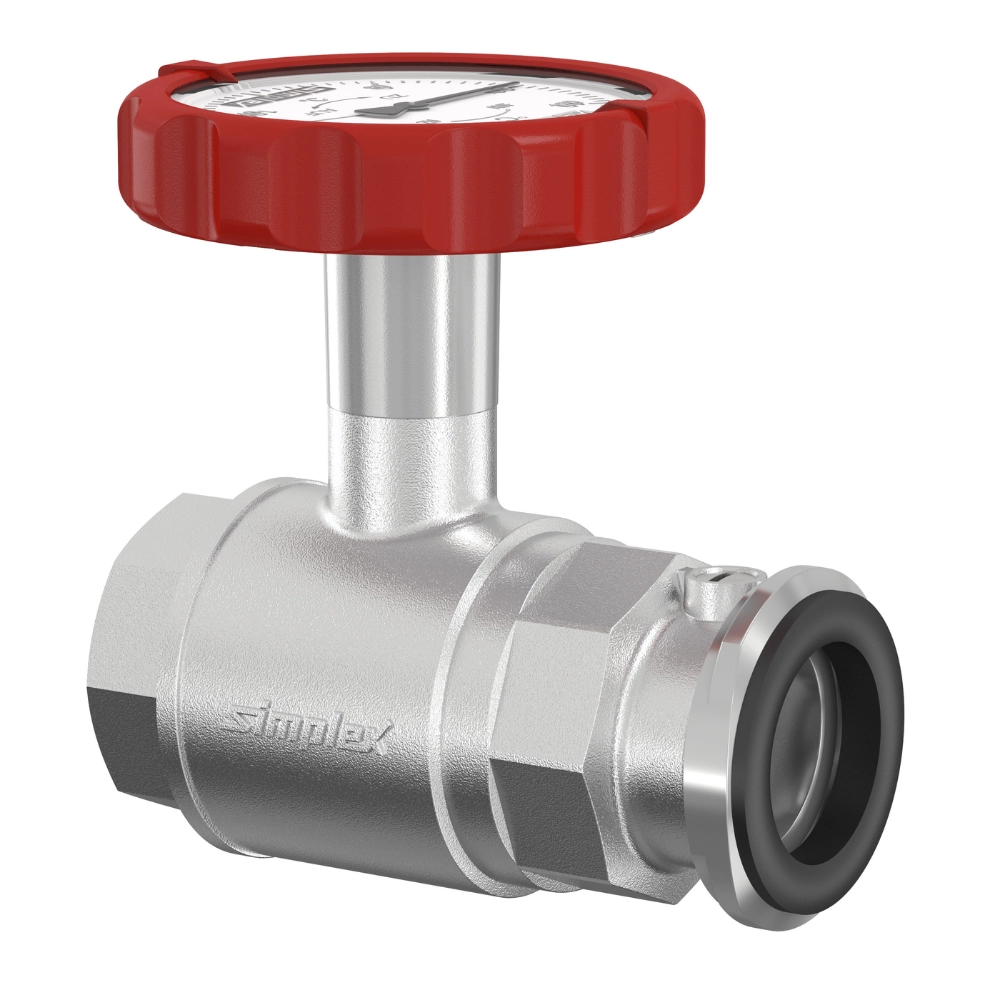 Flamco Simplex – Robinet sferic PKH SKB TG-R cu FI, mâner termometru roșu și limitator retur DN 25–32