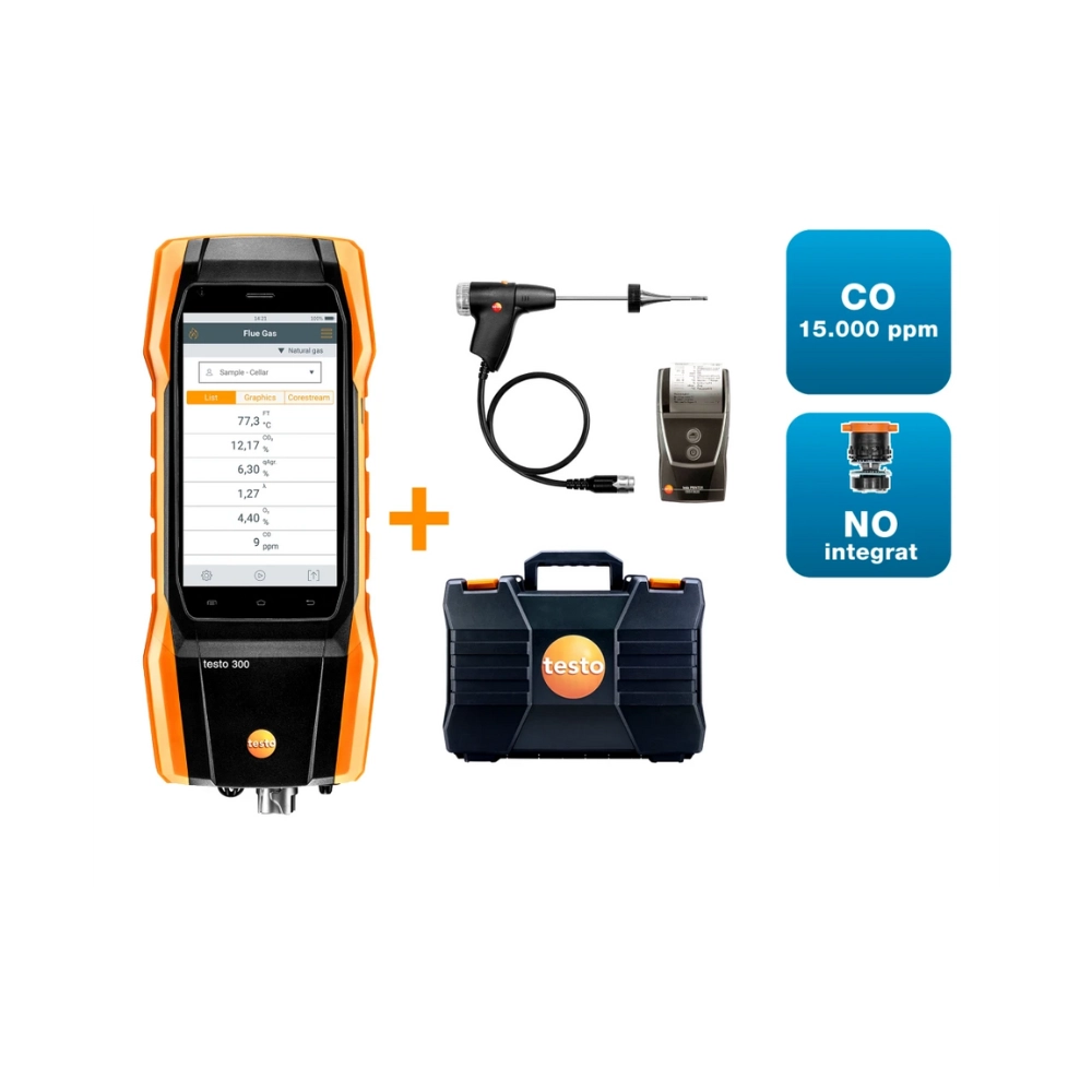 testo 300 – Set 2 Analizor de gaze de ardere cu 3 senzori O2, CO(15000 ppm), NO