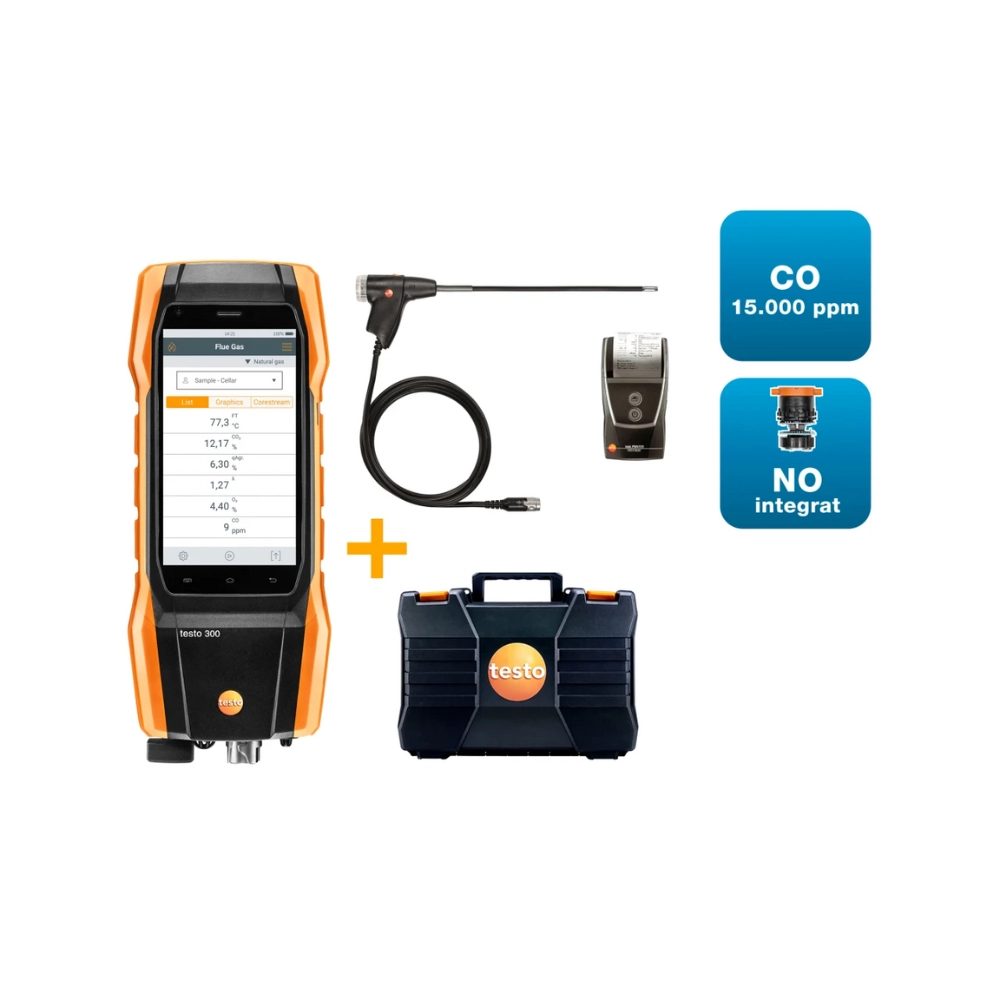 testo 300 – Set 2 Analizor de gaze de ardere cu 3 senzori O2, CO(15000 ppm)si NO cu sonda flexibila